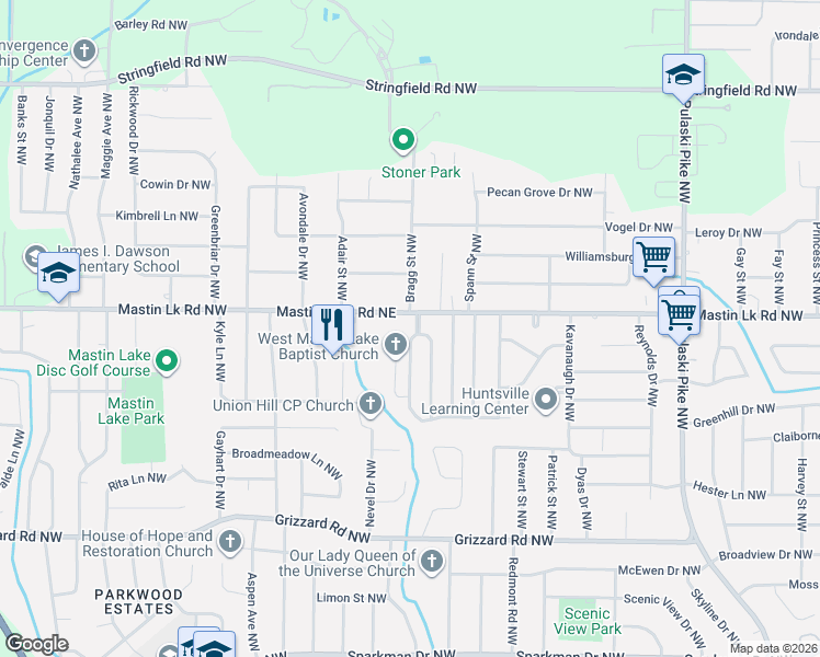 map of restaurants, bars, coffee shops, grocery stores, and more near 4606 Mastin Lake Road Northwest in Huntsville