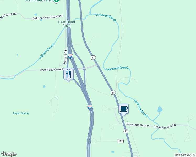 map of restaurants, bars, coffee shops, grocery stores, and more near 4775 U.S. 11 in Rising Fawn