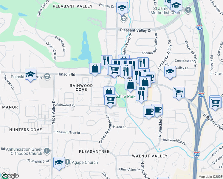 map of restaurants, bars, coffee shops, grocery stores, and more near 2001 Green Mountain Drive in Little Rock