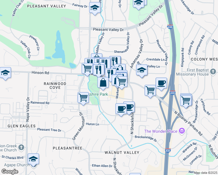 map of restaurants, bars, coffee shops, grocery stores, and more near 1725 Merrill Drive in Little Rock