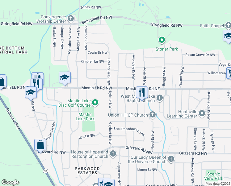 map of restaurants, bars, coffee shops, grocery stores, and more near 3423 Rosedale Drive Northwest in Huntsville