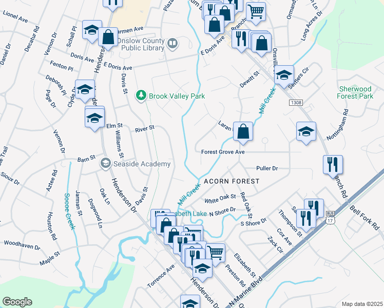 map of restaurants, bars, coffee shops, grocery stores, and more near 322 Forest Grove Avenue in Jacksonville