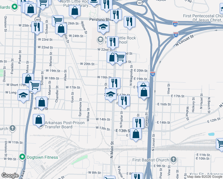 map of restaurants, bars, coffee shops, grocery stores, and more near 1800 Maple Street in North Little Rock