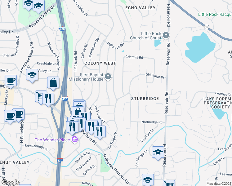 map of restaurants, bars, coffee shops, grocery stores, and more near 2005 Clapboard Hill Road in Little Rock