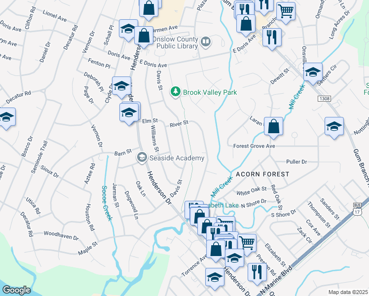 map of restaurants, bars, coffee shops, grocery stores, and more near 1236 Davis Street in Jacksonville