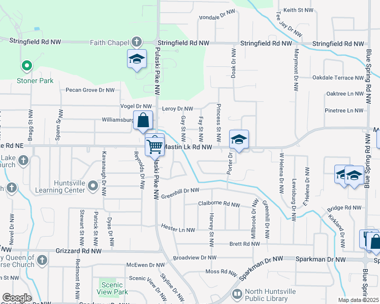 map of restaurants, bars, coffee shops, grocery stores, and more near 3501 Gay Street Northwest in Huntsville