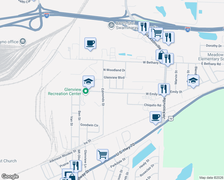 map of restaurants, bars, coffee shops, grocery stores, and more near 2107 Whyte Drive in North Little Rock
