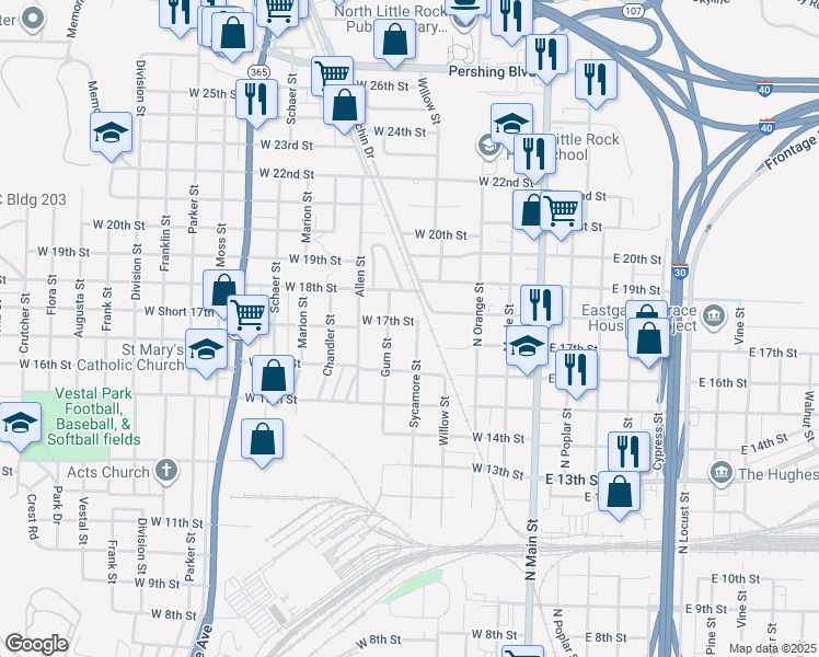 map of restaurants, bars, coffee shops, grocery stores, and more near 515 West 17th Street in North Little Rock