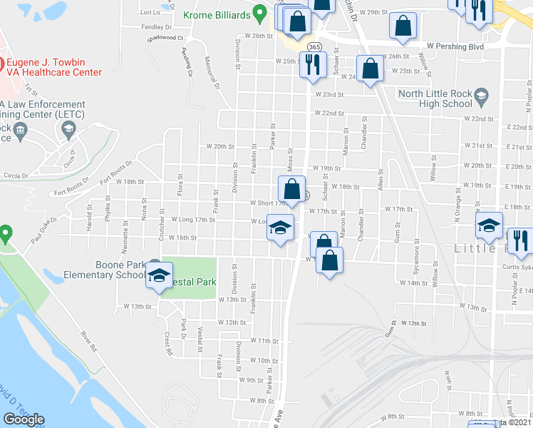 map of restaurants, bars, coffee shops, grocery stores, and more near 1724 Franklin Street in North Little Rock