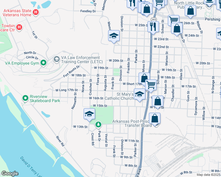 map of restaurants, bars, coffee shops, grocery stores, and more near 1608 West Short 17th Street in North Little Rock