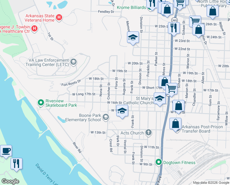 map of restaurants, bars, coffee shops, grocery stores, and more near 1716 West Short 17th Street in North Little Rock