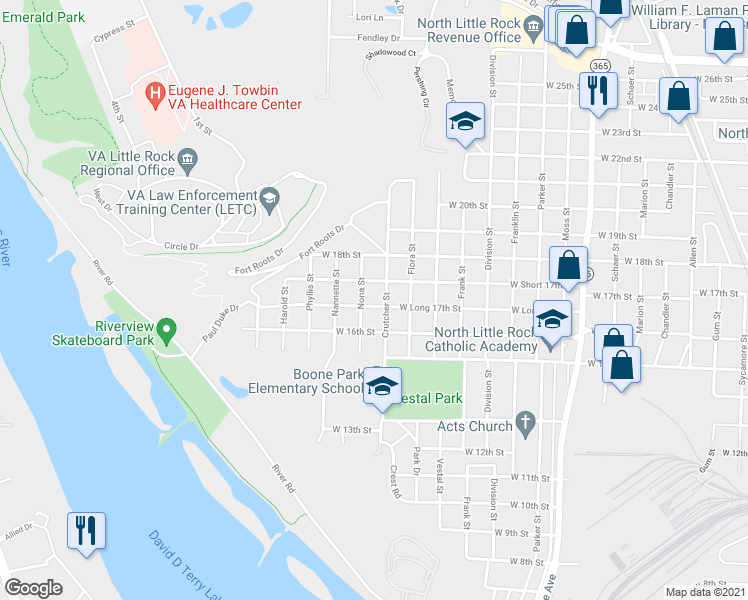map of restaurants, bars, coffee shops, grocery stores, and more near 1902 West Short 17th Street in North Little Rock