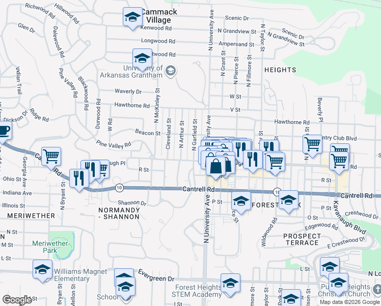 map of restaurants, bars, coffee shops, grocery stores, and more near 2107 North Garfield Street in Little Rock