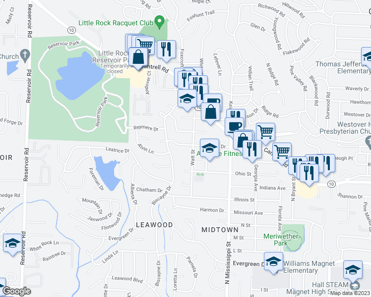 map of restaurants, bars, coffee shops, grocery stores, and more near 7824 Iowa Drive in Little Rock
