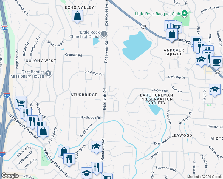 map of restaurants, bars, coffee shops, grocery stores, and more near 2001 Reservoir Road in Little Rock