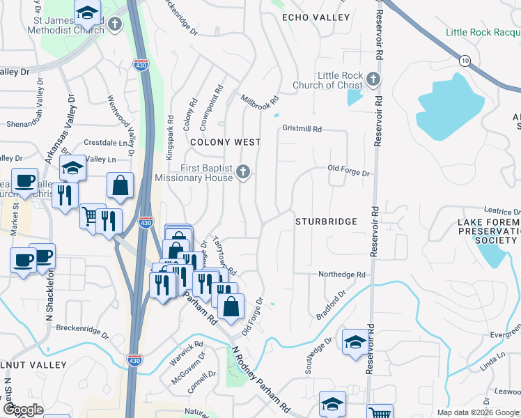 map of restaurants, bars, coffee shops, grocery stores, and more near 2005 Clapboard Hill Road in Little Rock