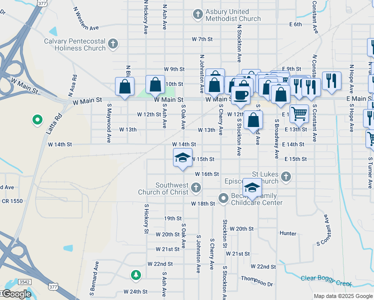 map of restaurants, bars, coffee shops, grocery stores, and more near 600 West 14th Street in Ada