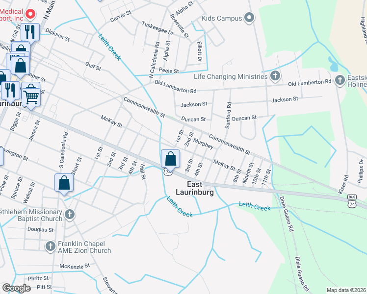 map of restaurants, bars, coffee shops, grocery stores, and more near 11 2nd Street in Laurinburg