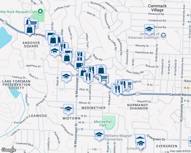 map of restaurants, bars, coffee shops, grocery stores, and more near 7320 Cantrell Rd in Little Rock