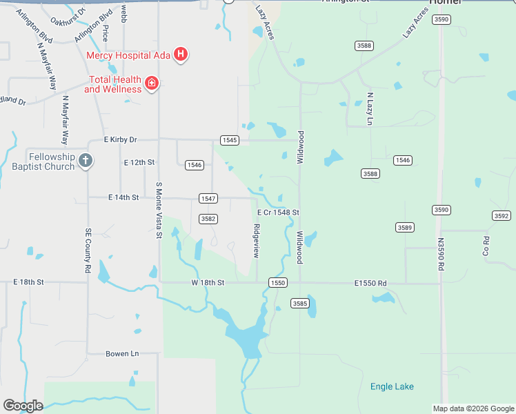 map of restaurants, bars, coffee shops, grocery stores, and more near 3526 East Cr 1548 Street in Ada