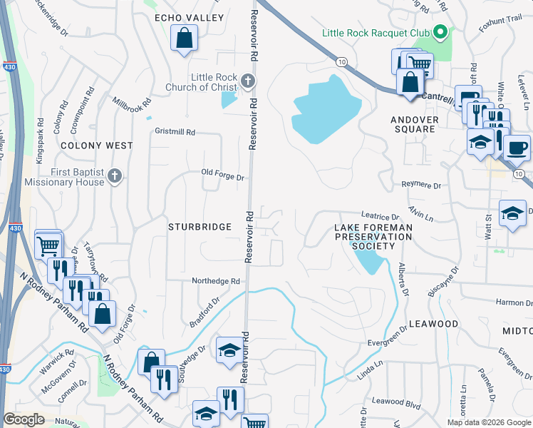 map of restaurants, bars, coffee shops, grocery stores, and more near 2001 Reservoir Road in Little Rock