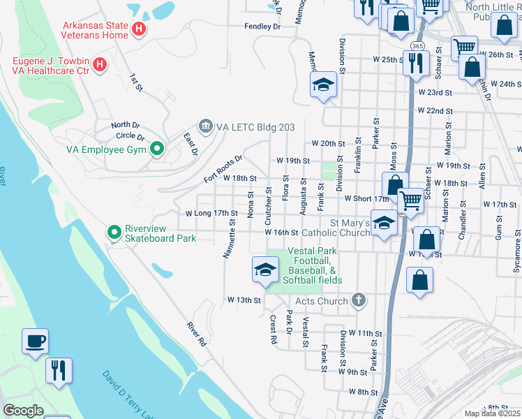 map of restaurants, bars, coffee shops, grocery stores, and more near 1905 West Long 17th Street in North Little Rock