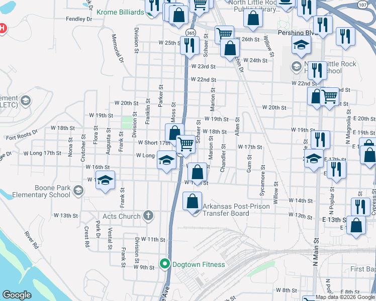 map of restaurants, bars, coffee shops, grocery stores, and more near 1704 Pike Avenue in North Little Rock