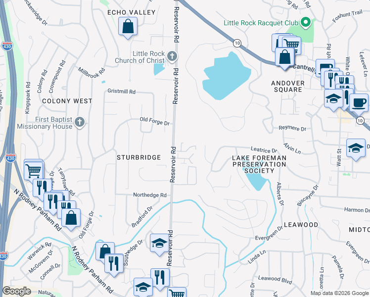 map of restaurants, bars, coffee shops, grocery stores, and more near 2001 Reservoir Road in Little Rock