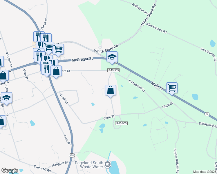 map of restaurants, bars, coffee shops, grocery stores, and more near Usher Street in Pageland
