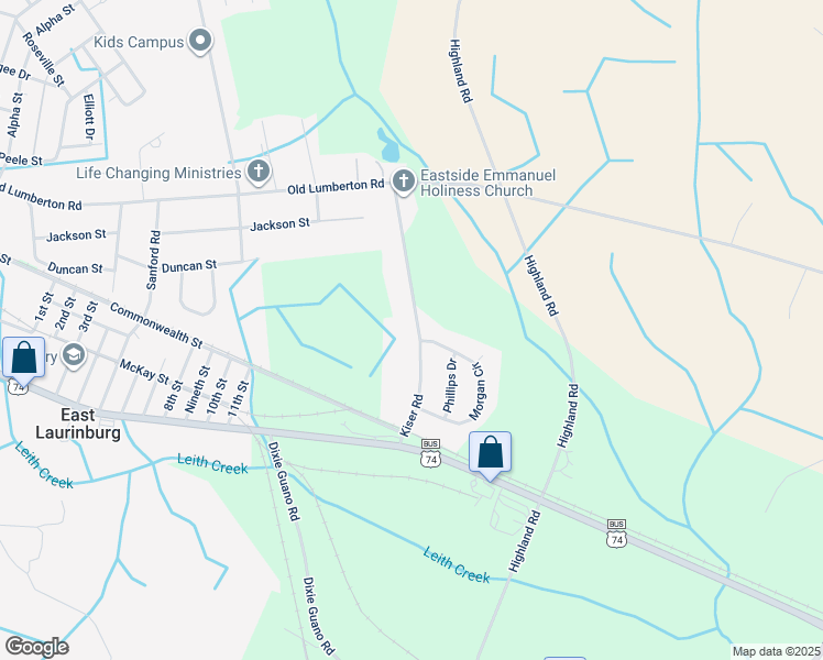 map of restaurants, bars, coffee shops, grocery stores, and more near 14381 Kiser Road in Laurinburg