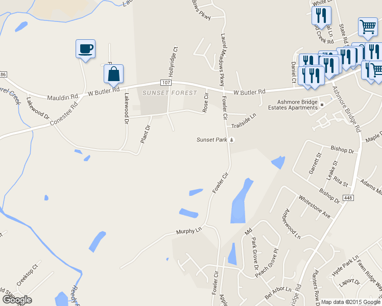map of restaurants, bars, coffee shops, grocery stores, and more near 110 Rose Circle in Greenville