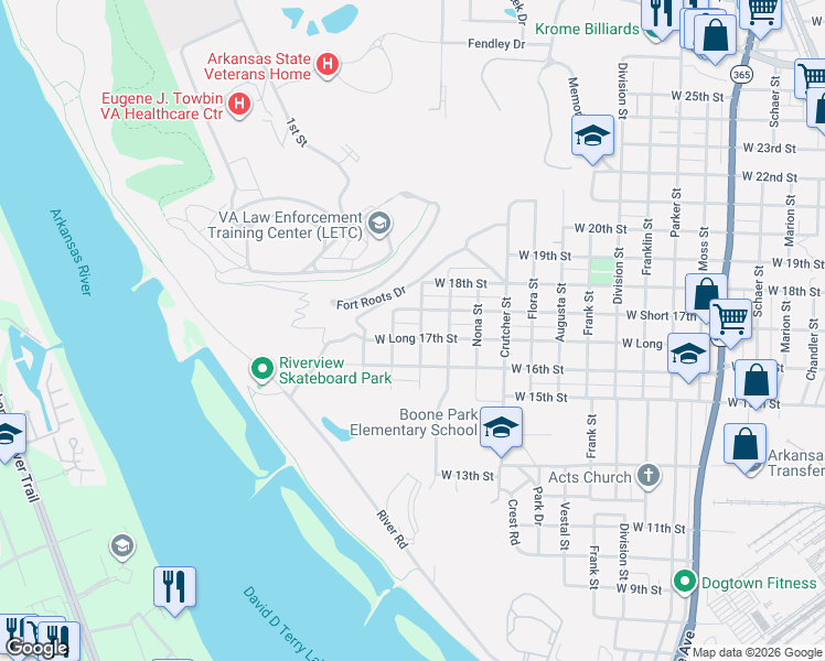 map of restaurants, bars, coffee shops, grocery stores, and more near 2122 West Short 17th Street in North Little Rock
