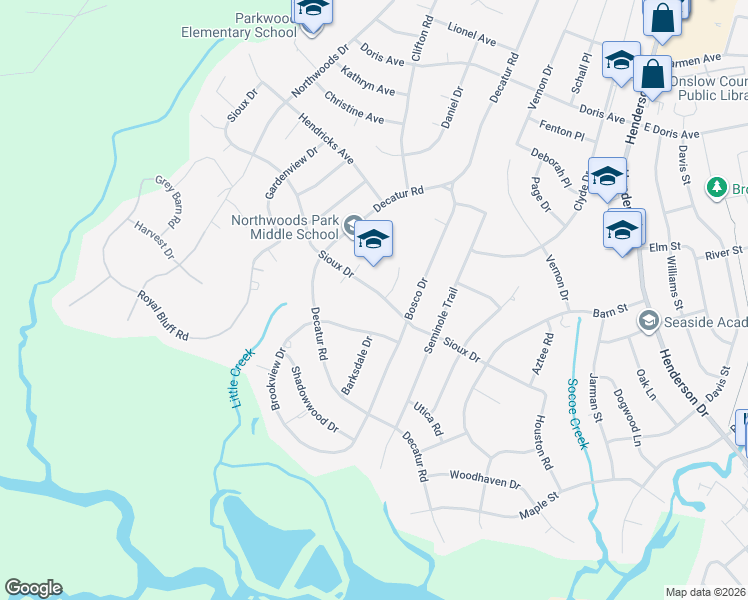 map of restaurants, bars, coffee shops, grocery stores, and more near 908-918 Sioux Drive in Jacksonville
