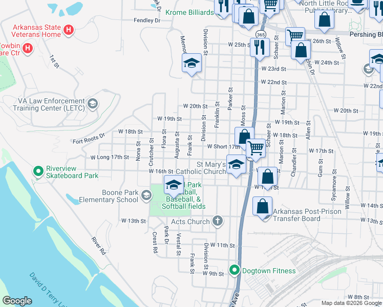 map of restaurants, bars, coffee shops, grocery stores, and more near 1608 West Short 17th Street in North Little Rock