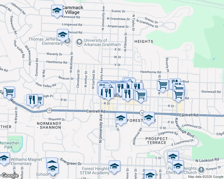 map of restaurants, bars, coffee shops, grocery stores, and more near 5805 South Country Club Boulevard in Little Rock