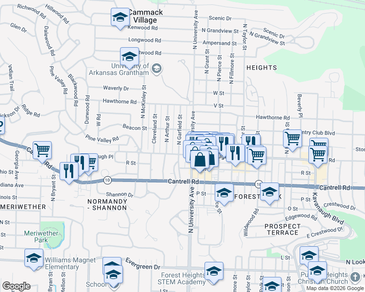 map of restaurants, bars, coffee shops, grocery stores, and more near 2107 North Garfield Street in Little Rock