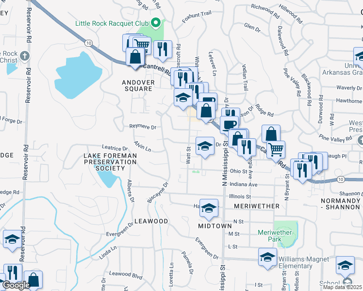map of restaurants, bars, coffee shops, grocery stores, and more near 7824 Iowa Drive in Little Rock
