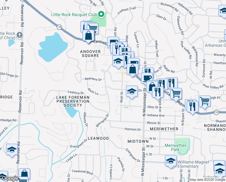 map of restaurants, bars, coffee shops, grocery stores, and more near 7824 Iowa Drive in Little Rock