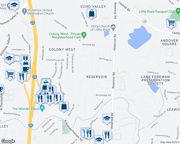map of restaurants, bars, coffee shops, grocery stores, and more near 2011 Old Forge Drive in Little Rock