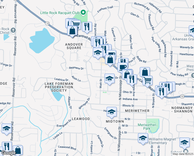 map of restaurants, bars, coffee shops, grocery stores, and more near 7824 Iowa Drive in Little Rock