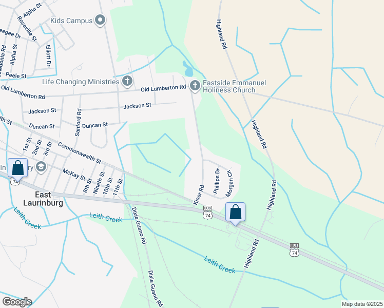 map of restaurants, bars, coffee shops, grocery stores, and more near 14381 Kiser Road in Laurinburg