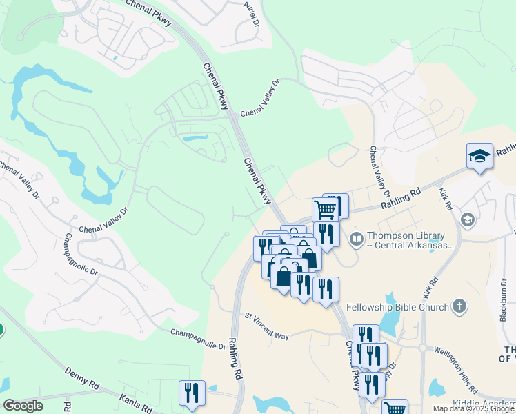 map of restaurants, bars, coffee shops, grocery stores, and more near 17901 Chenal Parkway in Little Rock