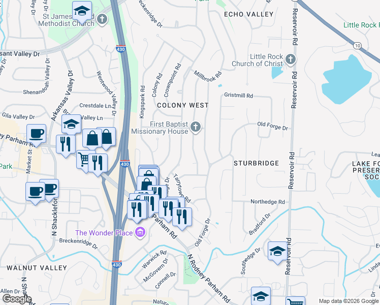 map of restaurants, bars, coffee shops, grocery stores, and more near 1811 Breckenridge Drive in Little Rock
