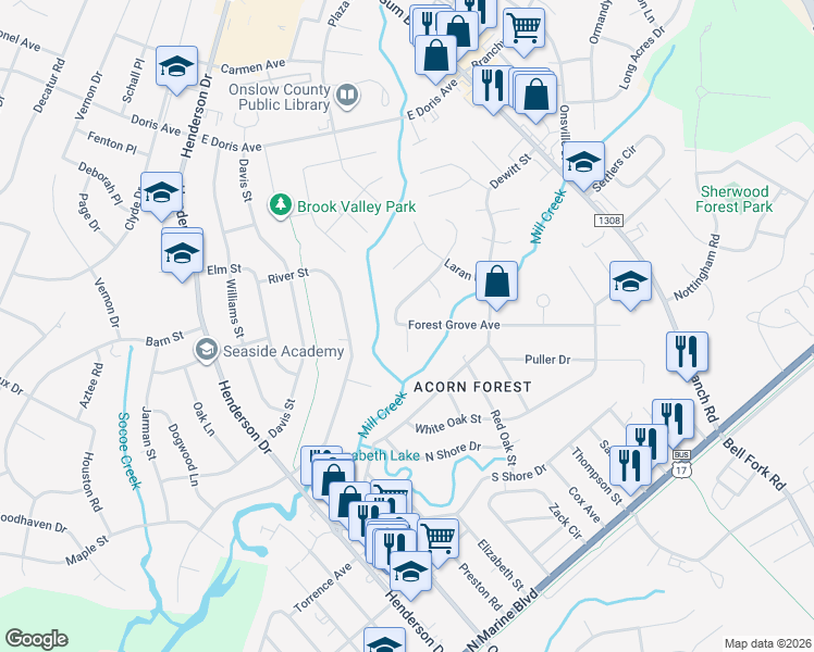 map of restaurants, bars, coffee shops, grocery stores, and more near Grove Court in Jacksonville