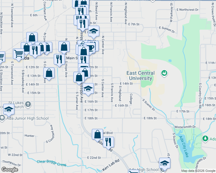 map of restaurants, bars, coffee shops, grocery stores, and more near 315 South Francis Avenue in Ada