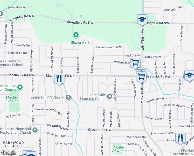 map of restaurants, bars, coffee shops, grocery stores, and more near 3808 Mastin Lake Road Northeast in Huntsville