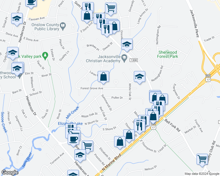map of restaurants, bars, coffee shops, grocery stores, and more near 509 Forest Grove Avenue in Jacksonville