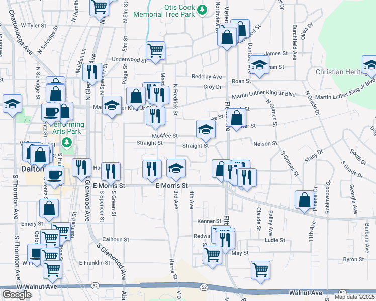 map of restaurants, bars, coffee shops, grocery stores, and more near 100 Bogle Street in Dalton