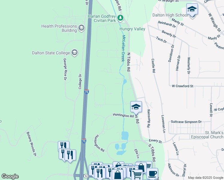 map of restaurants, bars, coffee shops, grocery stores, and more near 1802 Woodvalley Court in Dalton