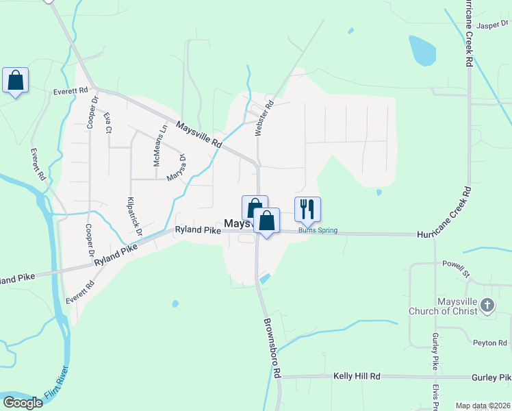 map of restaurants, bars, coffee shops, grocery stores, and more near 1389 Ryland Pike in Huntsville